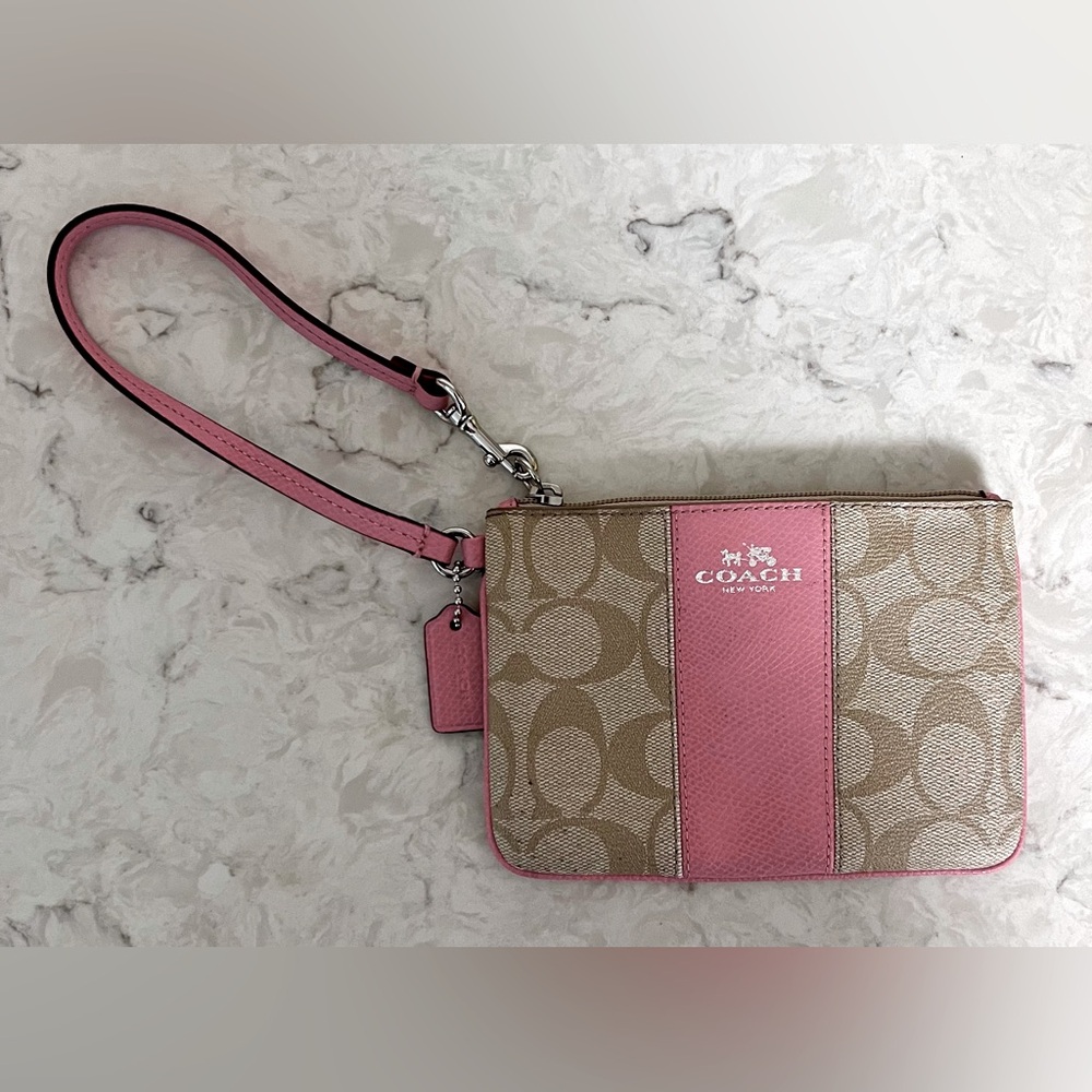 Coach Classic Logo Stripe Zip Wristlet Wallet Clutch/Coin Purse